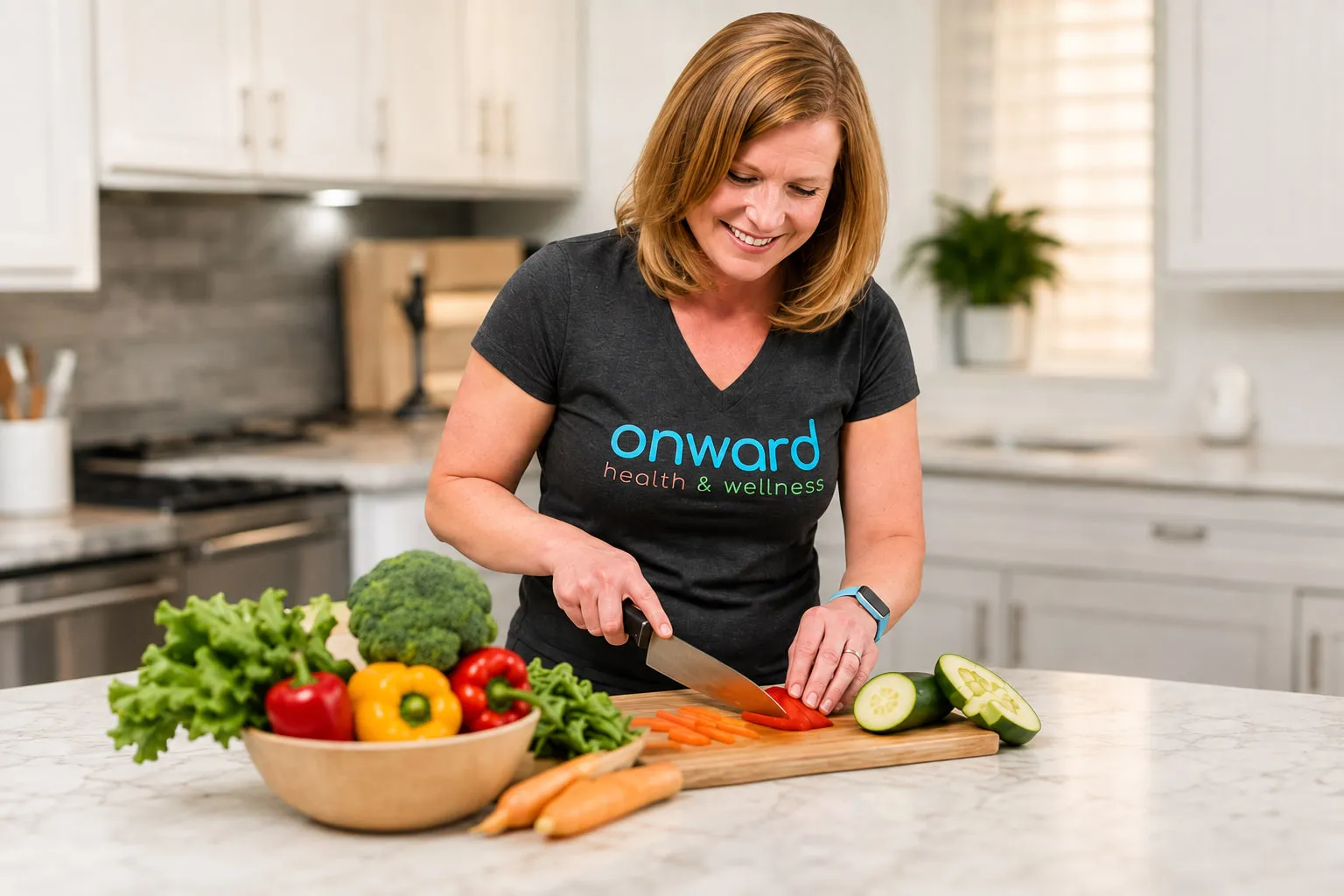 Ann Bolton preparing fresh vegetables in a bright kitchen.